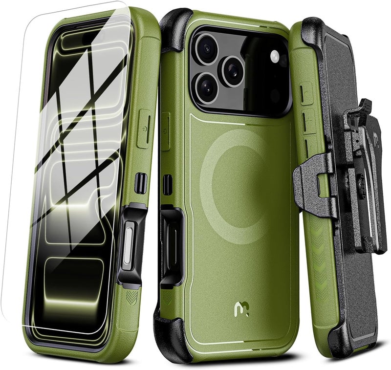 M MYBAT PRO for iPhone 17 Pro Case with Belt Clip Holster,[Compatible with Magsafe] w/Screen Protector,Anti-Drop,Shockproof,w 360°Rotating Kickstand,Heavy Duty Protection (Army Green) - Image 1